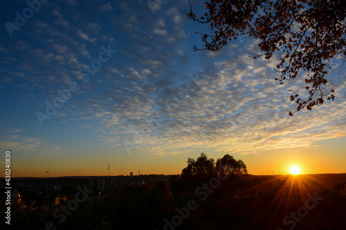 Madrid, Spain - October 25, 2020: Sunset view from the park named Jardines del Templo de Debod (Templo de Debod)