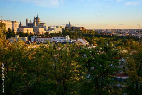 Madrid, Spain - October 25, 2020: Sunset view from the park named Jardines del Templo de Debod (Templo de Debod) © Andrey