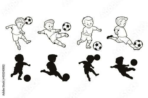 Coloring book: young soccer players playing with ball.Set of four shapes.Game-find the correct shadow.Vector illustration, cartoon, black and white line art