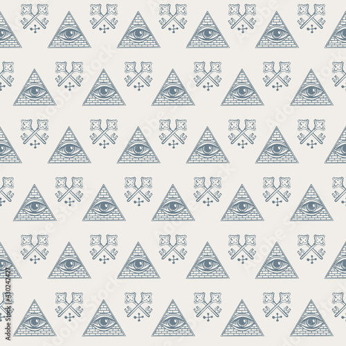 Vector seamless pattern with an all-seeing eye and old crossed keys on a light backdrop. The sacred masonic Symbol. Geometric repeating background with a third eye inside a triangular pyramid