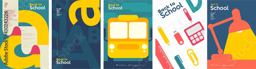 School backgrounds. School bus, desk lamp, letters, stationery. Set of flat, vector illustrations. Back to School. Elements and objects on school themes, simple background for poster, cover, flyer.