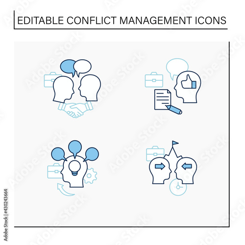 Conflict management line icons set. Conflict between two persons. Showing respect, feedback, accommodating, competing.Communication concept. Isolated vector illustration. Editable stroke