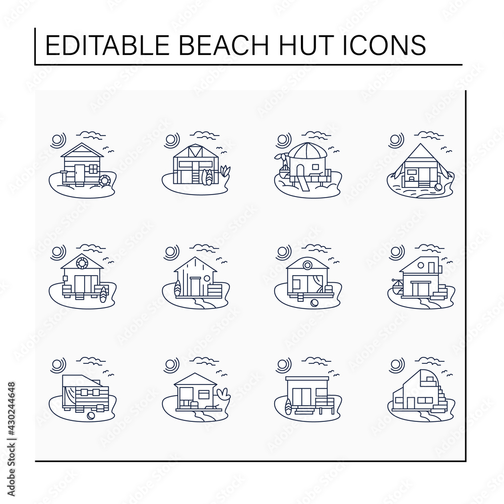 Beach hut line icons set. Modern facade comfortable houses on beach. Perfect relax place. Seascape. Rest concept. Isolated vector illustrations. Editable stroke