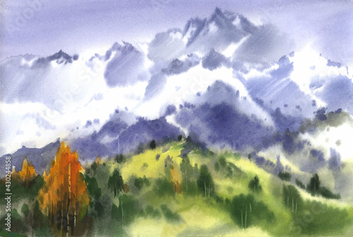 Hand drawn watercolor landscape with mountains and clouds