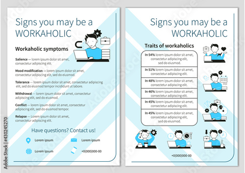 Workaholic brochure icon. Workaholism prevention and consequences template.Flyer,magazine,poster,book cover,booklet.Workaholic sings infographic concept.Layout illustration page with icon