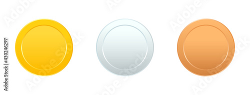 Coin gold, silver and bronze icons set. Token money badge. Game win item. App interface design element. Cartoon profit collection. Virtual trophy sign. Vector illustration