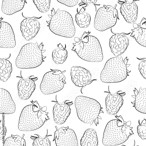 Seamless background with raspberry and strawberry. Black and white, linear. 