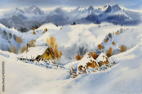 Watercolor travel resort in the mountains