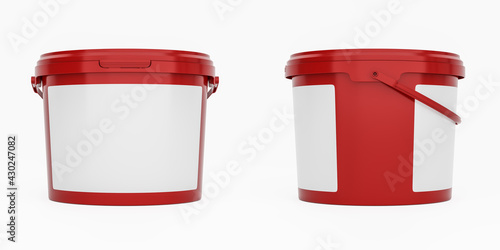 Red 3,5l plastic paint can / bucket / container with handle and blank label, isolated on white background. photo