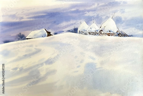 Cold watercolor winter mountain landscape with snow art scenery