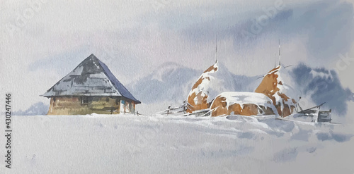 Hand drawn watercolor landscape with mountains and house illustration