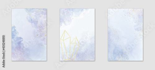 Collection of abstract dusty violet liquid watercolor background with golden glitter splash. Pastel marble alcohol ink drawing effect. Vector illustration of abstract stylish geode backdrop