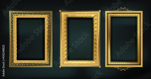 Empty painting or picture frame with golden engraved and carved wooden borders. Set of decorative retro ornamental detailed picture frames. Old classic vector baroque golden frames collection.