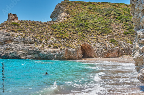 Aerial view over the rocky Kaladi beach, in Kythira island during Summer period in Greece, Europe photo