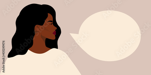 African american woman  talks about his rights. Vector image of a talking black woman. Protection of rights, national equality.