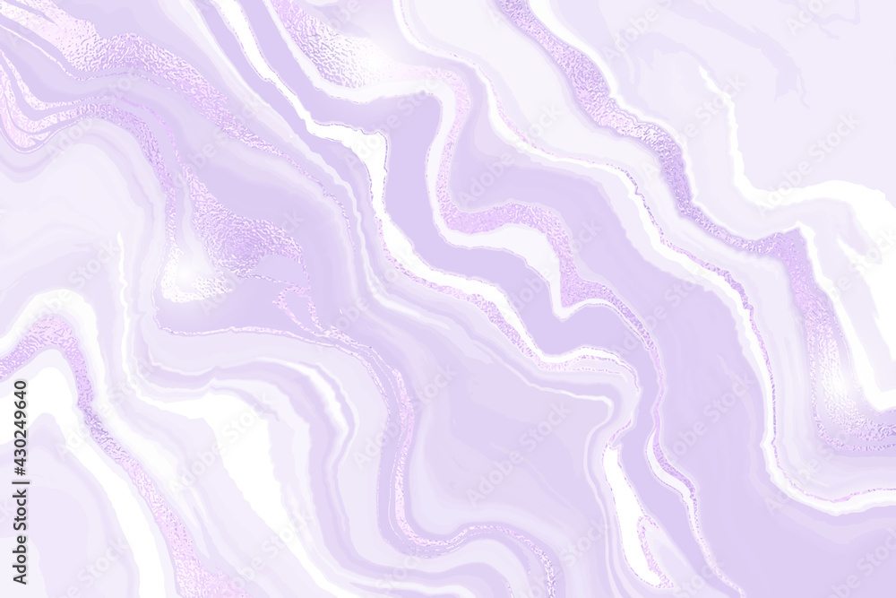 Abstract violet liquid marble or watercolor background with glitter foil textured stripes. Pastel marbled alcohol ink drawing effect. Vector illustration design template for wedding invitation