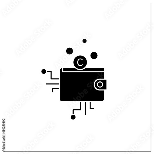 Cryptocurrency wallet glyph icon.Physical medium, program. Private access for cryptocurrency transactions. Digital money collection.Filled flat sign. Isolated silhouette vector illustration