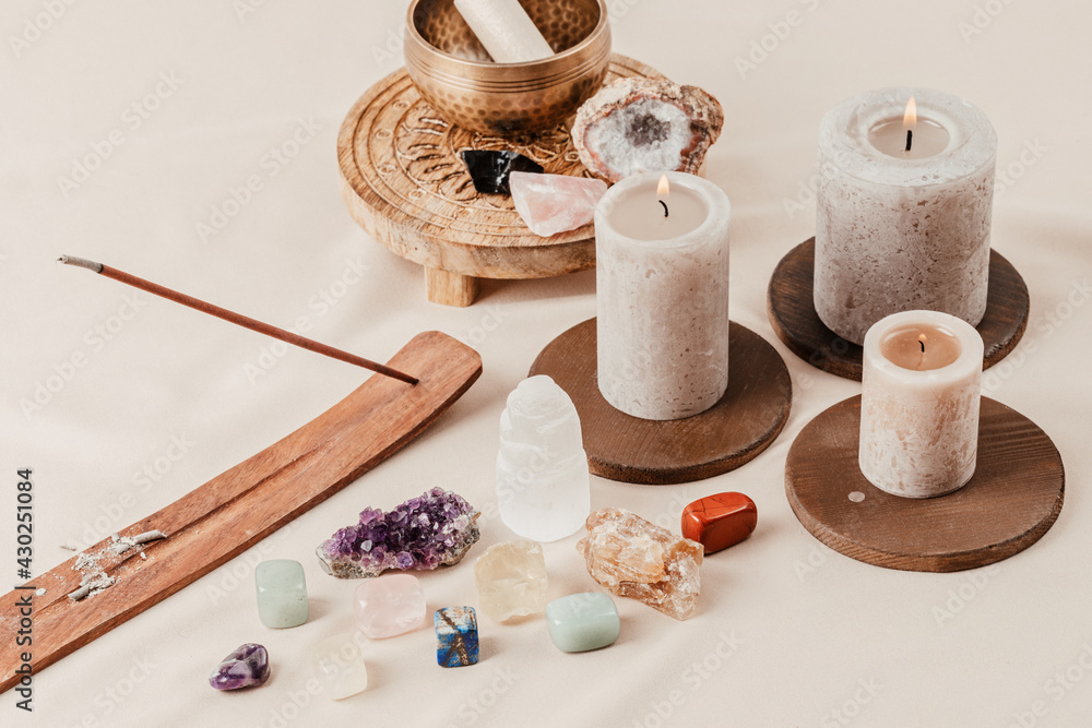 Healing chakra crystals therapy. Alternative rituals, gemstones for wellbeing, meditation, destress - obrazy, fototapety, plakaty 