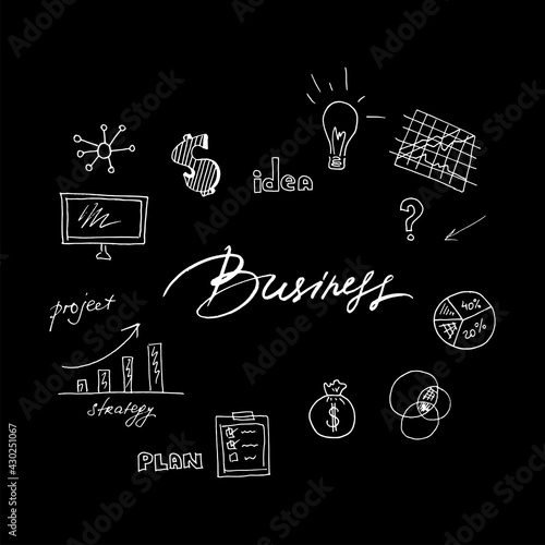 Business icon in doodle style on black background 