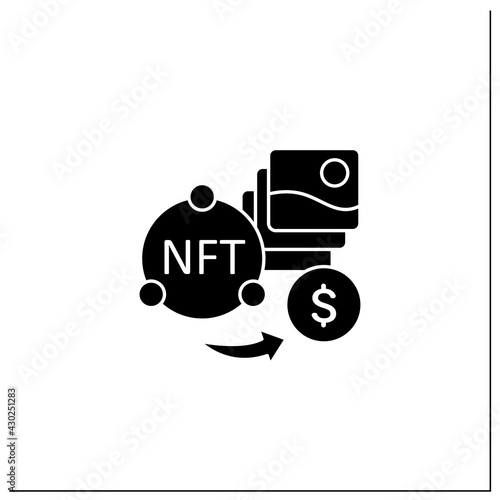 NFT fun glyph icon. Selling digital arts. Receiving money for sale intellectual property.Digitalization concept. Filled flat sign. Isolated silhouette vector illustration