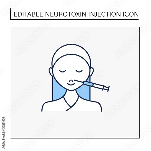 Cosmetic injection line icon.Injection in lips. Increase lips size.Form correction. Rejuvenation.Beauty procedure.Isolated vector illustration.Editable stroke