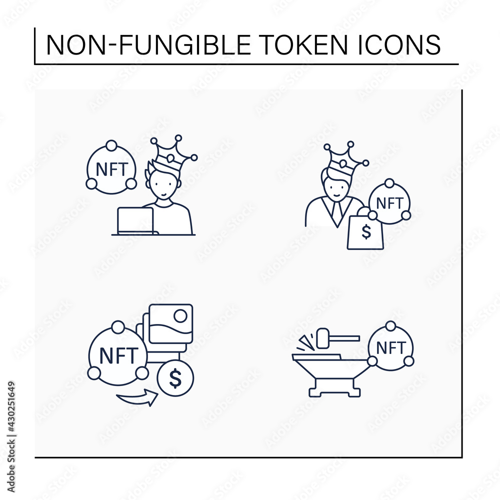 NFT line icons set.Minting. Non fungible tokens artist, buyer.Unique digital assets. Digitalization concept. Isolated vector illustrations.Editable stroke NFT line icons set.Minting. Non fungible tokens artist, buyer.Unique digital assets. Digitalization concept. Isolated vector illustrations.Editable stroke