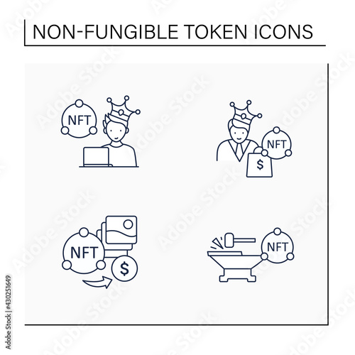 NFT line icons set.Minting. Non fungible tokens artist, buyer.Unique digital assets. Digitalization concept. Isolated vector illustrations.Editable stroke