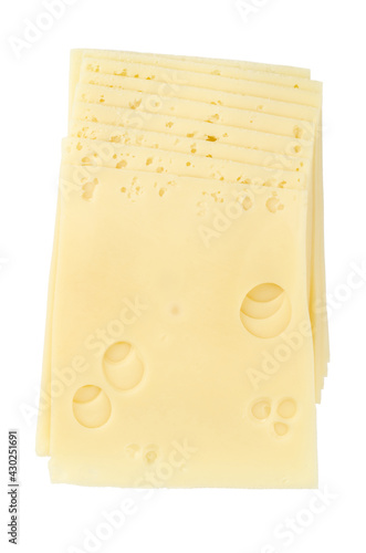 Emmental cheese, sandwich slices, from above. Sliced processed Emmentaler, also Emmenthal, a yellow, medium-hard cheese with holes, originated in Switzerland, with savory but mild taste. Food photo.