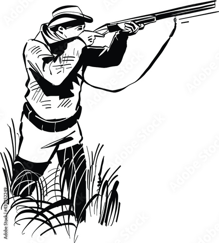 gun, silhouette, hunter, rifle, weapon, isolated, black, hunting, white, sniper, illustration,  shooting, young, person, people