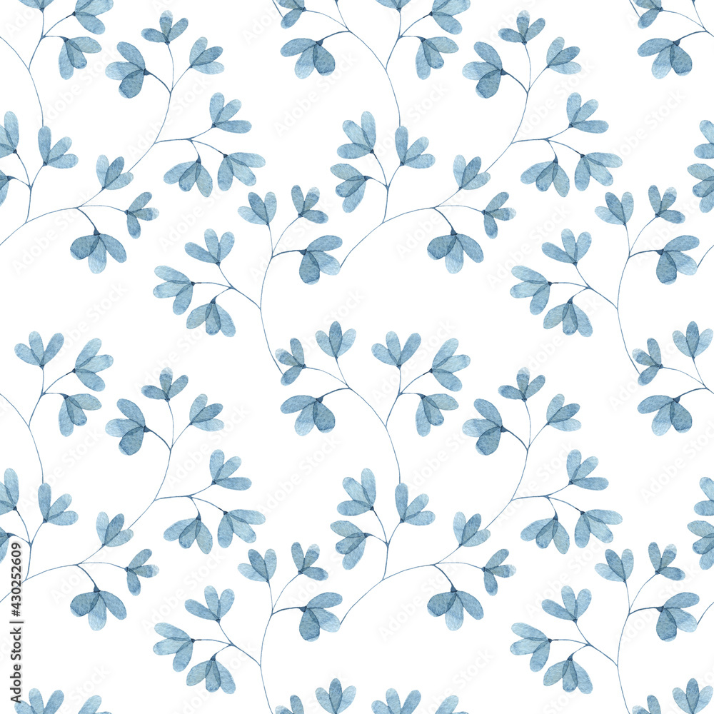 Watercolor seamless pattern with blue leaf twigs, small leaves on a white background. Botanical illustration for fabrics, dresses, interiors