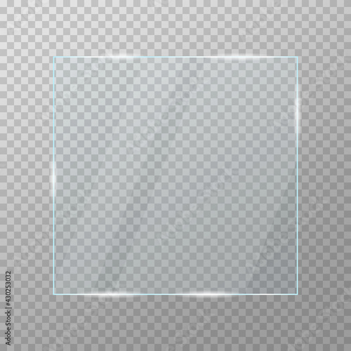 Transparent square on mock up. Blank adhesive paper or plastic sticker label.  Vector illustration.