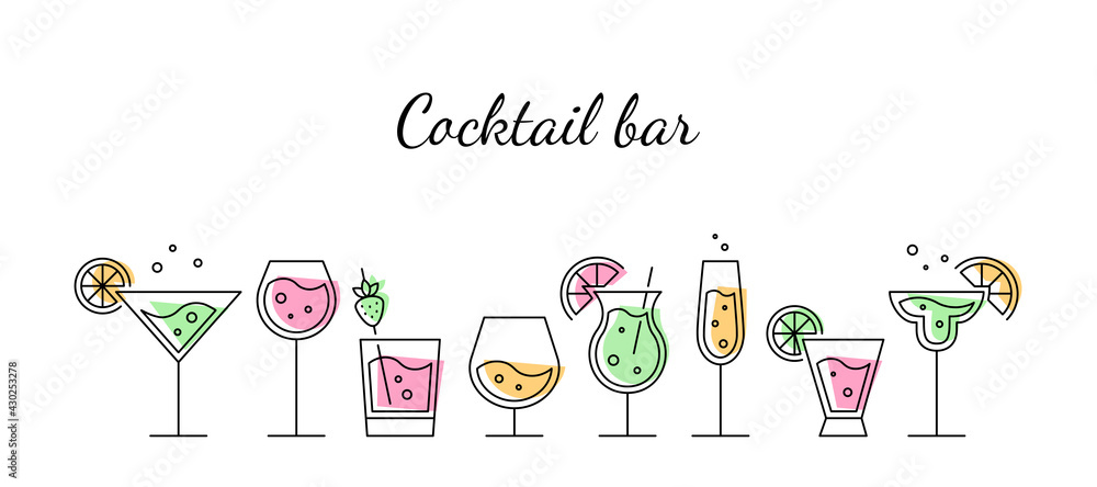 Glasses with Alcoholic Cocktails, Champagne, Wine and Cognac. Cocktail bar concept. Vector Black Thin Linear Contour. Trendy design on a white background. Illustration Glasses with Alcoholic Cocktails, Champagne, Wine and Cognac. Cocktail bar concept. Vector Black Thin Linear Contour. Trendy design on a white background. Illustration