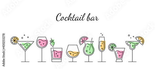 Glasses with Alcoholic Cocktails, Champagne, Wine and Cognac. Cocktail bar concept. Vector Black Thin Linear Contour. Trendy design on a white background. Illustration