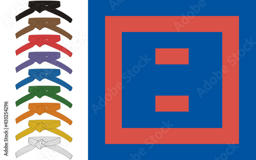 karate martial arts mat and a set of white, yellow, orange, green, blue, purple, red, brown, black belts