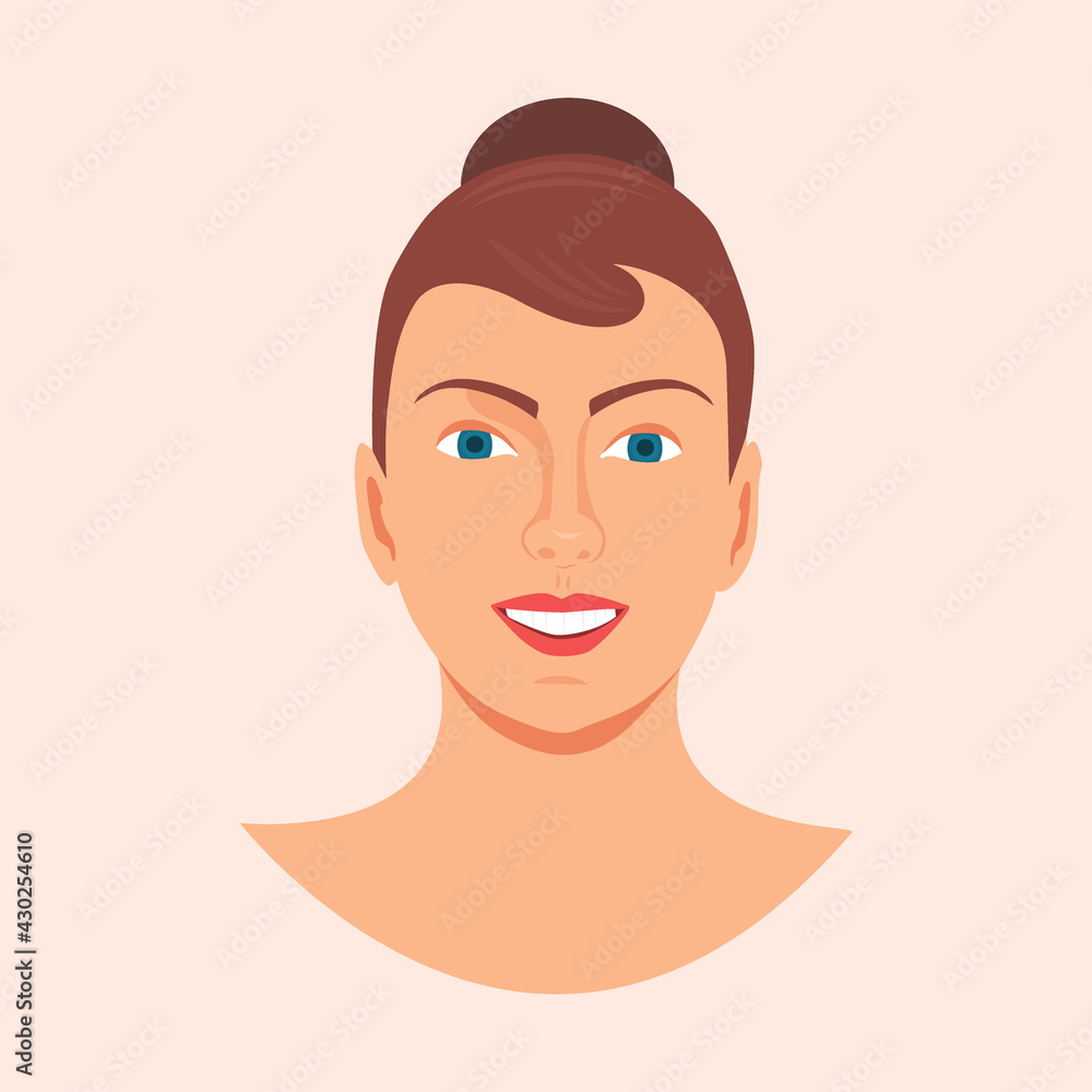Beautiful woman portrait isolated on background. Vector Flat Illustration. The face of a pretty girl. Avatar of young woman. Portrait of woman's head and neck. Illustration of a beautiful girl face Beautiful woman portrait isolated on background. Vector Flat Illustration. The face of a pretty girl. Avatar of young woman. Portrait of woman's head and neck. Illustration of a beautiful girl face