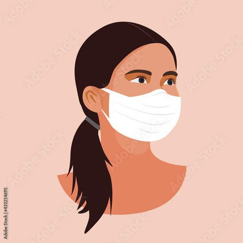 Beautiful woman portrait with protective face mask isolated over background. Vector Flat Illustration. Avatar of a masked young woman. Portrait of masked girl. New Coronavirus concept. Use face mask