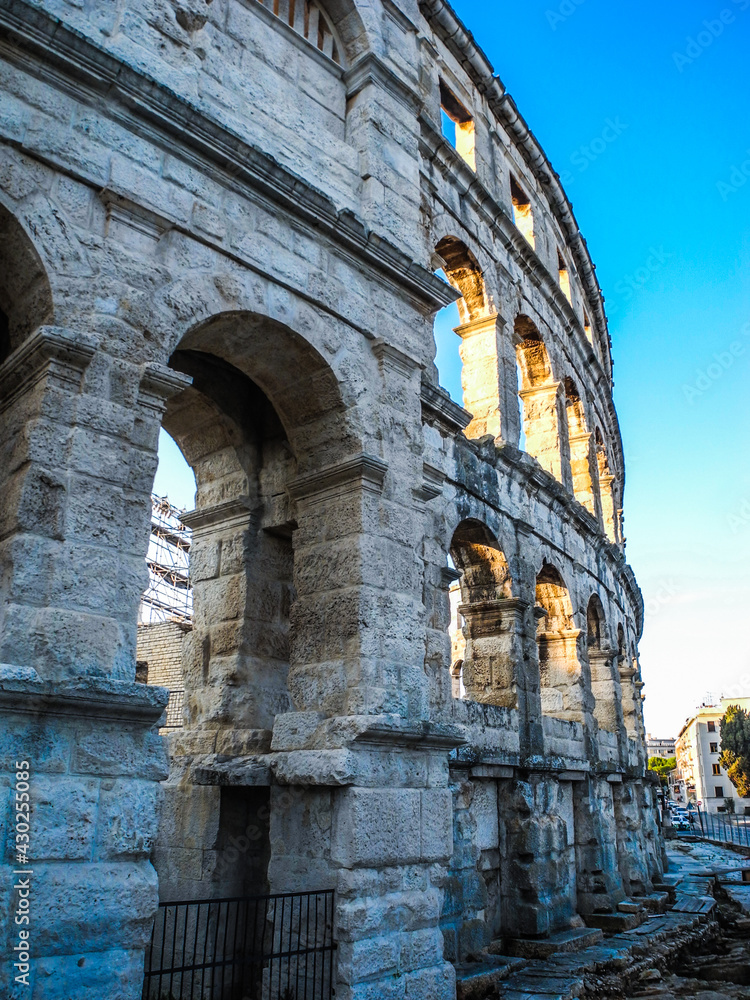 Details of the ancient Roman amphitheater arena in Pula, one of the best preserved landmark of Croatia.