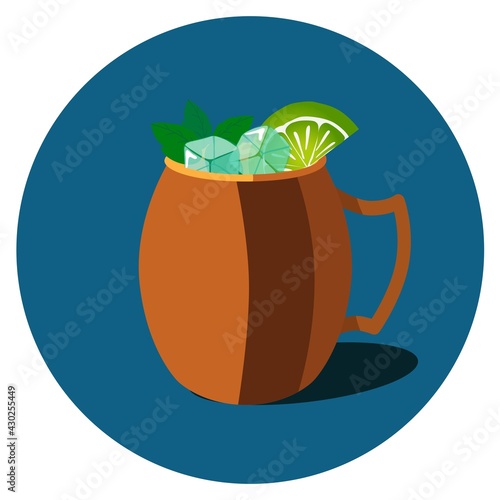 Mug of Moscow Mule cocktail with mint leaves, ice cubes and slice of lime