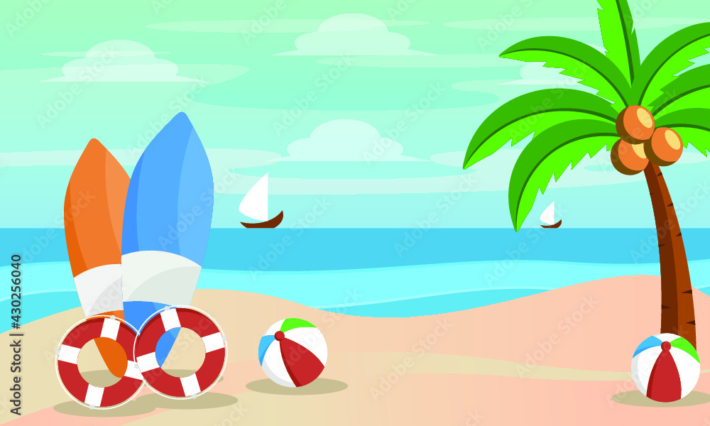 Vector summer beach with waves, coconut tree and surfing board