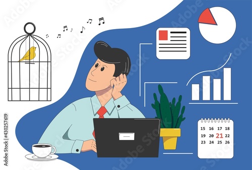 Concept illustration of proscratation at work. A man in the office is distracted from work by a bird singing.