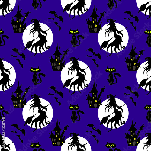 Flying halloween witch shape  cat  castle  moon and bats on violet background. Vector illustration.