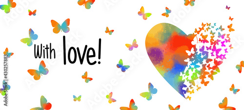 Background with multicolored hearts and butterflies. Happy Valentine's Day. Mixed media. Postcard with love. Vector illustration