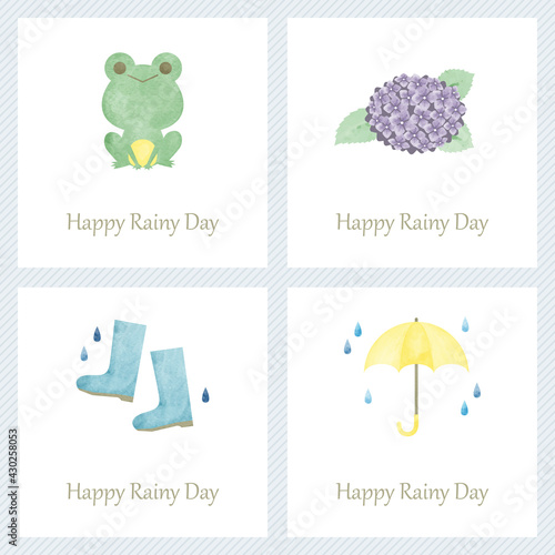 梅雨 水彩 手描き カード セット 正方形/ Hand Drawn Watercolor Cute Rainy Season Monsoon Season Square Card Set - Vector Image