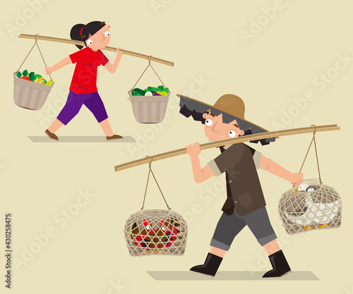 Cartoon illustration of asian people  carry a bamboo pole to lug loads up in the old times.