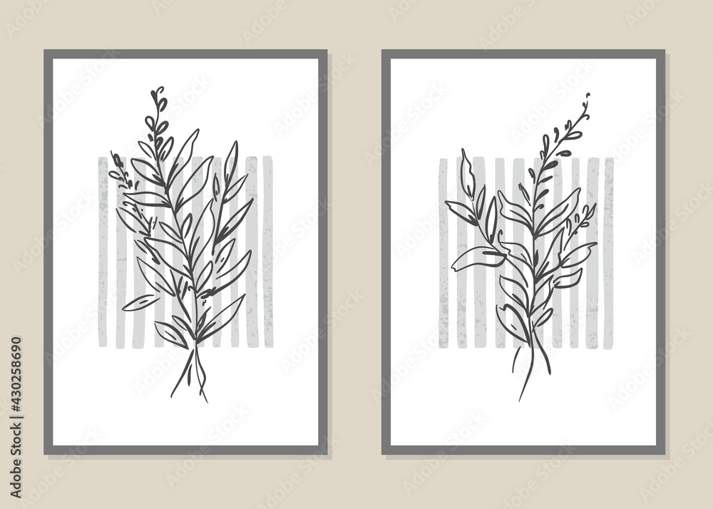 Botanical wall art vector set. Abstract pattern of flowers and branches. Vector illustration.