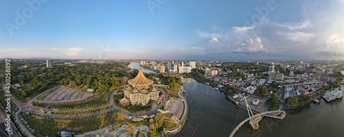 Kuching, Sarawak Malaysia - April 26 2021: The buildings, landmarks and scenery of Kuching city, capital of Sarawak, Borneo island. 