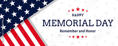 Vector of US Memorial Day celebration background banner or greeting card, with text and USA flag elements.