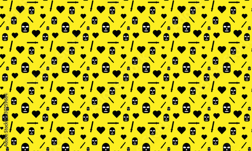 police forces and suppression of protests. Yellow and black illustration. Police stick, mask and heart.