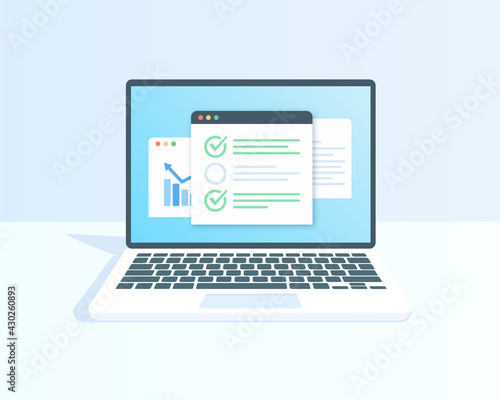 Checklist on laptop display, checkboxes with check mark. List of purchases, tasks, to do, wish list on the website concept. Flat outline, quality icon. Vector design eps 10