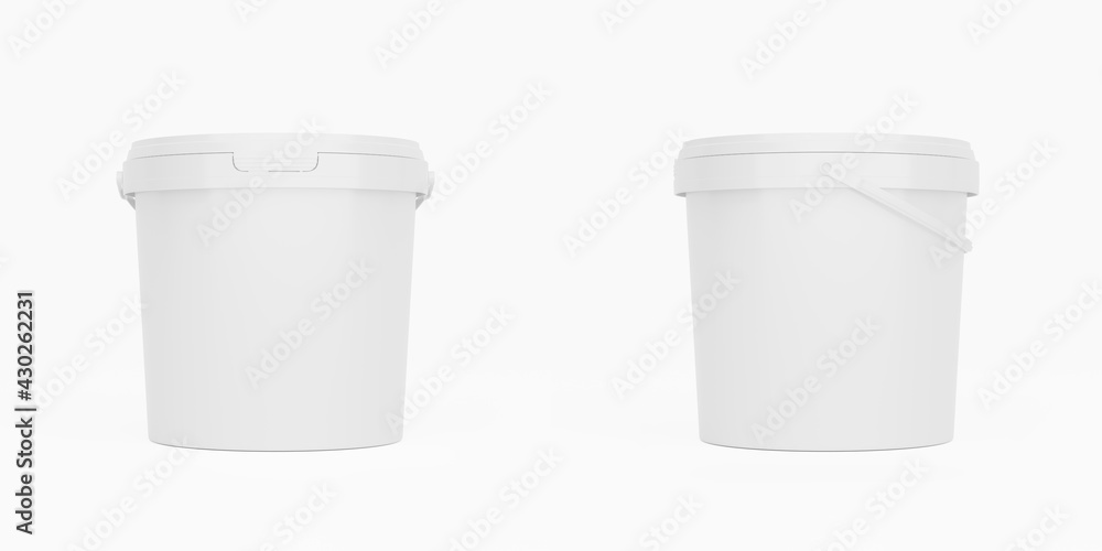 White 1,5l plastic paint can / bucket / container with handle and no label, isolated on white background. White 1,5l plastic paint can / bucket / container with handle and no label, isolated on white background.